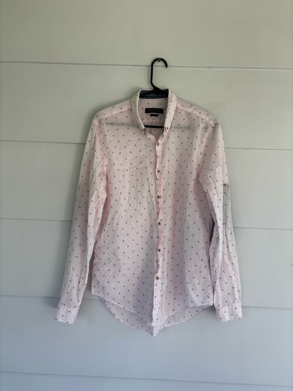 Zara Man Slim Fit Large Mens Dress Shirt Light Pink Navy Anchors Long Sleeve